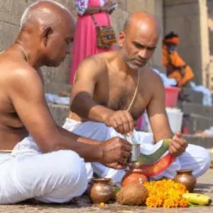 Another shot of Person performing the tarpanam during the asthi pooja