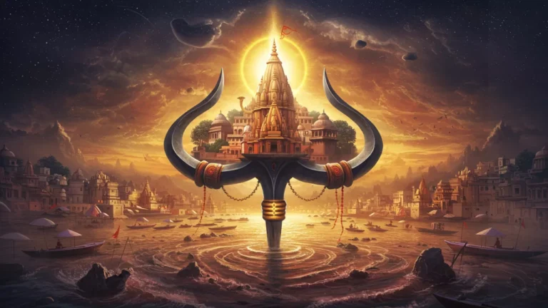 A divine temple, possibly Kashi Vishwanath, atop a Trishul in the Ganga, a holy site for Pitru Paksha rituals- Varanasi: The Eternal Gateway to Moksha – Unraveling Kashi’s Sacred Promise