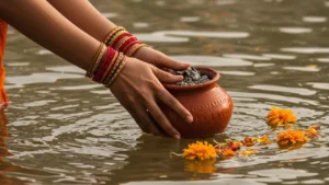 Hands release a pot of ashes into water with marigolds, likely part of a spiritual ritual- Understanding the Ganges Profound Role in Varanasi Asthi Visarjan