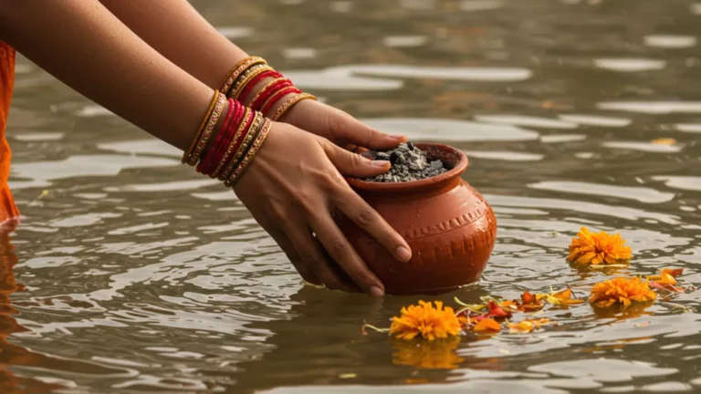 Hands release a pot of ashes into water with marigolds, likely part of a spiritual ritual- Understanding the Ganges Profound Role in Varanasi Asthi Visarjan