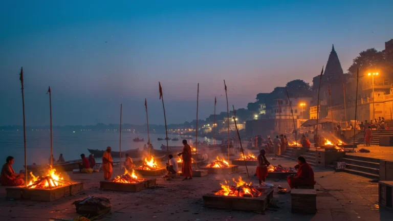 Night scene with multiple funeral pyres burning along a riverbank, people gathered, and city lights- Varanasi: The Hallowed Ground for a Souls Final Journey