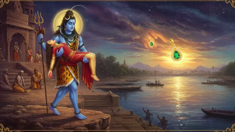 Lord Shiva carries Sati, with emerald jewelry falling from the sky over a riverside city- Manikarnika Ghat: Where Death Meets Divinity