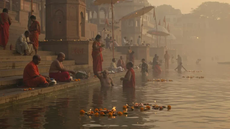 People at a river performing rituals, with floating lamps and marigolds, in a hazy light- Daily Ritual Practices at the Ghats