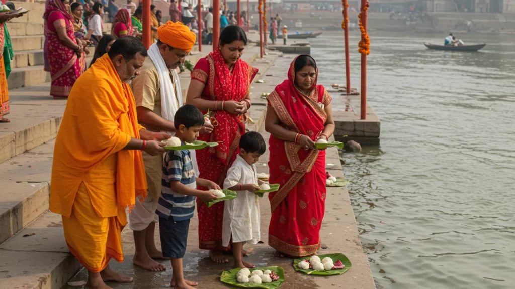 Family performing ritual by river, holding offerings on banana leaves- Daily Ritual Practices at the Ghats. Pitrupaksha 2025