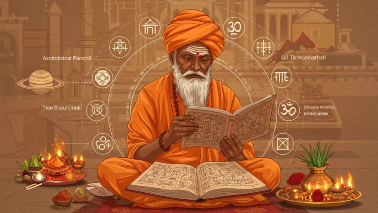 Illustration of a Hindu sage with astrological books, planetary symbols, and traditional puja items- Timings and Auspicious Muhurat in Varanasi
