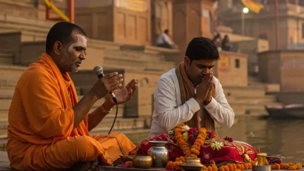 Two men performing a riverside ritual: one speaking into a mic, the other praying, with offerings- Local Beliefs and Oral Histories Around Asthi Visarjan: A Brief Overview Before we immerse ourselves in the local narratives, it's essential to understand the scriptural underpinnings that give Asthi Visarjan its profound significance. Hindu scriptures, including the Vedas, Puranas, and Dharmashastras, emphasize the sanctity of the human body as a temporary vessel for the eternal soul (Atman). Cremation (Antyeshti) is considered an Agni sanskara, a sacred offering to the fire god Agni, which purifies the body and releases the soul from its earthly ties. The Garuda Purana, in particular, elaborates on post-cremation rituals and stresses the importance of immersing the ashes in sacred rivers like the Ganga, Yamuna, Saraswati, Narmada, Godavari, or Kaveri. These rivers are not merely bodies of water but are revered as goddesses, imbued with purifying and salvific powers. The act of Asthi Visarjan in these waters is believed to wash away residual sins, grant peace to the departed spirit, and facilitate its smooth transition to the ancestral realm (Pitr Loka) or towards ultimate liberation. Why Sacred Waters? The Spiritual Geography of Asthi Visarjan The choice of location for Asthi Visarjan is rarely arbitrary. It is deeply intertwined with a spiritual geography that designates certain rivers and confluences (sangams) as particularly potent sites for this ritual. The Ganga: A River of Salvation and Countless Stories The River Ganga, personified as the goddess Ganga, holds an unparalleled position in Hindu cosmology. Originating from the Gangotri glacier in the Himalayas and flowing across the plains of North India, she is revered as "Patitapavani" – the purifier of the fallen. Immersing ashes in the Ganga, especially at sacred tirthas like Haridwar, Rishikesh, Prayagraj (Triveni Sangam), and Kashi (Varanasi), is considered the most auspicious way to ensure the departed soul's peace. Oral histories surrounding Asthi Visarjan in the Ganga are abundant. Families recount tales of their ancestors whose final wish was to have their ashes merge with the sacred river. There are stories of inexplicable peace felt by the living upon performing the ritual, a sense of a burden lifted, and even dreams where the departed express their contentment. Priests (pandits) at these holy sites are often a repository of such narratives, having witnessed generations perform these rites. They share anecdotes of families traveling vast distances, overcoming immense hardships, all to fulfil this sacred duty. Local legends might speak of specific ghats along the Ganga where the immersion is believed to be even more powerful due to mythological events that transpired there. For instance, in Kashi, the Manikarnika and Harishchandra ghats are prime sites, each with its own set of Puranic stories and local tales that amplify their sanctity for funeral rites. Prayagraj: The Confluence of Three Sacred Rivers and its Unique Narratives Prayagraj, formerly Allahabad, where the Ganga, Yamuna, and the mythical Saraswati rivers converge at the Triveni Sangam, is another paramount site for Asthi Visarjan. The confluence symbolizes the meeting of three divine energies, making it an exceptionally potent place for spiritual purification. Oral traditions here often speak of the unique spiritual power of the Sangam, believed to amplify the benefits of the ritual manifold. Families share stories passed down through generations about the imperative of bringing the ashes to Prayagraj, regardless of the logistical challenges. Local boatmen and pandits often narrate tales of divine signs or auspicious omens witnessed during the immersion ceremony at the Sangam, reinforcing the site's sacred power. There are also accounts of how the ritual performed here has brought not just peace to the departed but also solace and resolution to long-standing issues within the bereaved family. Other Revered Water Bodies: A Mosaic of Beliefs While the Ganga holds pre-eminence, numerous other rivers and water bodies across India are considered sacred for Asthi Visarjan, each with its own unique set of local beliefs and stories: Yamuna River: Closely associated with Lord Krishna, the Yamuna is another highly revered river, particularly in places like Mathura and Vrindavan. Local beliefs might tie the efficacy of Asthi Visarjan in the Yamuna to the playful and compassionate nature of Krishna, ensuring a gentle passage for the soul. Godavari River: Known as the "Ganga of the South" (Dakshina Ganga), the Godavari, especially at places like Nashik (Trimbakeshwar) and Bhadrachalam, is a significant site. Oral histories here might connect the ritual to the epic Ramayana, as these regions are closely linked to Rama's exile. Immersing ashes here is often seen as invoking the blessings and protection of Lord Rama for the departed. Kaveri River: Flowing through Karnataka and Tamil Nadu, the Kaveri is sacred, with sites like Srirangapatna and Talakaveri being important for last rites. Local tales might emphasize the river goddess Kaveriamma's maternal grace in accepting the ashes and guiding the soul. Narmada River: Considered by some to be even older and holier than the Ganga, the Narmada's parikrama (circumambulation) is a highly meritorious act. Asthi Visarjan in the Narmada, at places like Omkareshwar and Maheshwar, is imbued with deep spiritual significance. Local folklore often speaks of the Narmada's fierce purity and its power to dissolve all negativities. Coastal Regions and the Sea (Samudra): In many coastal communities, especially where sacred rivers are not easily accessible, the sea itself becomes the site for Asthi Visarjan. Local beliefs often personify the ocean as a vast, encompassing entity capable of receiving the soul. Fishermen communities might have specific rituals and oral traditions related to appeasing the sea gods during such immersions. Stories might recount how the sea, in its immensity, offers a boundless space for the soul's journey. A Tapestry of Traditions: Regional Variations in Asthi Visarjan The beauty of Hinduism lies in its ability to accommodate regional diversity. While the core purpose of Asthi Visarjan remains consistent, the specific customs, rituals, and the accompanying oral narratives can vary significantly from one region to another, and even from one community to another. North Indian Practices: Echoes from the Himalayan Foothills to the Gangetic Plains In North India, the proximity to the Ganga and Yamuna heavily influences Asthi Visarjan practices. The journey to Haridwar, Kashi, or Prayagraj is often a pilgrimage in itself. Collection of Ashes (Asthi Sanchayan): Typically, on the third, seventh, ninth, or eleventh day after cremation, the ashes and bone fragments are collected. Local customs dictate who performs this (usually the eldest son or a close male relative) and the specific manner of collection. Oral traditions might include stories of ancestors guiding the family in dreams about the timing or specific items to look for amongst the remains, believed to be signs from the departed. The Journey with the Ashes: The urn containing the ashes (asthi kalash) is treated with utmost reverence. Families might share stories of the precautions taken during the journey, the prayers recited, and the collective sense of responsibility felt by those accompanying the ashes. Rituals at the Ghat: Upon reaching the sacred river, a pandit is engaged to perform the specific rites. These often involve prayers (mantras), offerings (pinda daan – offerings of rice balls, which may have already been done or are done alongside), and the final immersion. Local priests often have unique incantations or practices specific to their lineage or the particular ghat. Stories abound of how the water behaves differently at certain spots or how specific flowers offered float in a particular direction, interpreted as auspicious signs. South Indian Customs: Traditions from the Deccan and Beyond In South India, while rivers like the Godavari and Kaveri are significant, proximity to the coast also leads to Asthi Visarjan in the sea, particularly at powerful tirthas like Rameshwaram. Timing and Rituals: The timing for Asthi Sanchayan and Visarjan might differ. In some communities, the ashes are collected on the day after cremation itself or on the third day. The rituals accompanying the immersion might incorporate local deities and regional customs. Rameshwaram: A Confluence of Shaivite Power and Oceanic Grace: Rameshwaram, a major pilgrimage site, is considered extremely sacred for Asthi Visarjan. The confluence of the Bay of Bengal and the Indian Ocean (Agni Tirtham) is where the immersion often takes place. Oral histories here are rich with connections to the Ramayana, as it is believed Lord Rama himself worshipped Shiva here. Performing Asthi Visarjan at Rameshwaram is often narrated in family histories as a journey to seek Lord Shiva's blessings for the departed soul's liberation, with the powerful ocean currents symbolizing the merging of the individual soul with the cosmic consciousness. Local Priestly Traditions: South Indian priestly traditions have their unique Vedic recitations and ritualistic procedures. Stories are often shared about the specific efficacy of mantras chanted by learned priests in these regions, believed to have a direct impact on the soul's journey. Eastern and Western Ghats Traditions: Nature, Ancestors, and Community In regions along the Eastern and Western Ghats, and among various tribal communities, Asthi Visarjan practices can be deeply intertwined with nature worship and ancestral veneration. Choosing the Waters: While major rivers are preferred if accessible, smaller local rivers, streams, or even specific sacred groves with water bodies might be chosen. The belief is often that the ancestral spirits reside in the local landscape, and immersing the ashes in these familiar waters keeps the departed connected to the community and the land. Oral Narratives of Ancestral Presence: Stories in these communities often emphasize the continued presence and guidance of ancestors. Asthi Visarjan is not just about release but also about integrating the departed into the collective ancestral spirit that watches over the community. Rituals might involve invoking local deities and nature spirits alongside the primary Hindu gods. There might be unique songs, chants, or dances associated with these rites, passed down orally, that narrate the community's history and its relationship with the departed. Echoes from the Past: Oral Histories and Local Legends Surrounding Asthi Visarjan Beyond the regional variations in rituals, it is the oral histories and local legends that truly breathe life into the practice of Asthi Visarjan. These narratives are the unwritten scriptures of the common folk, shaping their understanding, faith, and emotional connection to the rite. Stories of Miraculous Occurrences and Divine Signs Across India, families and priests share accounts of seemingly miraculous events or divine signs experienced during or after Asthi Visarjan. Transformations in the Ashes: Some oral traditions speak of the ashes or bone fragments changing color or texture upon contact with sacred waters, interpreted as a sign of the soul's purification and acceptance by the divine. For example, it is sometimes said that bones that haven't fully burned will dissolve instantly in the Ganga at Kashi, a testament to the river's power. Auspicious Omens: The appearance of certain birds (like a Garuda, the eagle mount of Vishnu), a sudden calm in turbulent waters, or the blooming of a flower offered into the river against the current are often narrated as auspicious omens. These stories, whether apocryphal or experienced, strengthen faith in the ritual's efficacy. Dreams and Visions: Bereaved family members often report vivid dreams or visions of the departed after the Asthi Visarjan, where the deceased appears peaceful, content, and moving towards light. These personal experiences become part of the family's oral history, providing comfort and validating the ritual's importance for future generations. One often hears stories of a specific message or wish of the deceased being conveyed through such a dream, reinforcing the spiritual connection. The Role of Local Deities and Guardians of Sacred Sites Many sacred immersion sites have specific local deities or guardian spirits who are believed to oversee the rituals and protect the sanctity of the place. Kshetrapalas: These are guardian deities of a specific region or temple. Oral traditions often recount how appeasing the Kshetrapala of a tirtha before Asthi Visarjan ensures a smooth and unobstructed ritual. Stories might tell of mishaps that occurred when these local guardians were ignored. River Goddesses as Living Entities: The personification of rivers as goddesses is central. Local legends often depict these goddesses in very human-like terms, with specific moods, preferences, and interactions with devotees. Stories told by priests or elderly community members might describe how the River Ganga or Yamuna "responded" to a particularly devout family or a specific offering, perhaps with a gentle swell or a specific current pattern. Ancestral Narratives and the Continuity of Family Lineage Asthi Visarjan is a powerful act of remembrance and honoring ancestors (Pitaras). Oral histories within families play a crucial role in maintaining this connection. "Our Grandfather's Ashes Rest Here": Families often develop a deep connection to the specific spot where their ancestors' ashes were immersed. This spot becomes a part of their sacred geography, a place of pilgrimage for future generations. Stories are retold of who performed the ritual for which ancestor, reinforcing the lineage and the continuity of familial duty. Fulfilling the Last Wish: Many oral histories revolve around the profound importance of fulfilling the deceased's last wish regarding the site of their Asthi Visarjan. These stories often involve overcoming significant obstacles – financial, physical, or logistical – to honor that wish, highlighting the depth of love and commitment. The successful completion of such a task becomes a celebrated chapter in the family's narrative. The Keepers of Stories: Priests, Boatmen, and Community Elders The vibrant tapestry of oral histories surrounding Asthi Visarjan is actively preserved and propagated by key figures within the community. Pandits and Purohits: Priests officiating at sacred tirthas are often repositories of countless stories. They have witnessed generations perform these rites and have heard innumerable personal accounts. Their narrations often blend scriptural knowledge with local legends and anecdotes, providing a rich and layered understanding of the ritual. They may recount stories specific to certain families or unusual occurrences they have witnessed over decades of service. Boatmen at Ghats: Boatmen who ferry families to the immersion spot, especially at places like Prayagraj or Kashi, are also storytellers. They share observations, local beliefs about specific currents or sacred points in the river, and tales passed down through their own families who have served at the ghats for generations. Community Elders: Within families and local communities, elders are the primary custodians of oral traditions. They narrate stories of how rituals were performed in the past, the significance of certain customs, and the experiences of their ancestors, ensuring that this intangible heritage is passed on. The Emotional Landscape: Personal Accounts and Living Histories Asthi Visarjan is not merely a ritual; it is a deeply emotional journey for the bereaved. The oral histories are often imbued with personal accounts of grief, remembrance, and the quest for closure. Grief, Remembrance, and the Path to Closure Performing Asthi Visarjan provides a structured way to channel grief and a tangible act of saying goodbye. Personal narratives often highlight the sense of peace and acceptance that follows the ritual. "A Weight Lifted": Many share the feeling of a heavy burden being lifted from their shoulders after immersing the ashes. This common refrain in personal stories underscores the psychological and spiritual relief the ritual provides. Shared Experience and Community Support: The journey to perform Asthi Visarjan, often undertaken with family members, becomes a shared experience of mourning and mutual support. Stories of these journeys often focus on the bonding and collective remembrance that takes place. The Journey of the Soul: Local Interpretations of Afterlife While scriptures provide a framework, local beliefs often offer nuanced interpretations of the soul's journey after Asthi Visarjan. Merging with Ancestors: In many communities, a strong belief exists that through proper Asthi Visarjan, the soul peacefully merges with the collective spirit of the ancestors, who then watch over and guide the living. Oral traditions might include tales of ancestors appearing in dreams to offer guidance or reassurance after their rites are completed. Rebirth and Liberation: The ultimate goal is moksha, but local beliefs might also emphasize a favorable rebirth if liberation is not immediately attained. Stories might recount how performing Asthi Visarjan at a particularly potent tirtha is believed to ensure the soul avoids lower realms and takes a good birth. Modernity and Tradition: The Evolving Narrative of Asthi Visarjan In an increasingly globalized and fast-paced world, the traditions surrounding Asthi Visarjan face both challenges and adaptations. Challenges and Adaptations in Contemporary Times Logistical Constraints: For families living far from sacred rivers, especially those in the diaspora, performing Asthi Visarjan can be challenging. This has led to adaptations, such as designated sections in local water bodies abroad or services that help transport ashes to India. Oral histories are now evolving to include these new-age challenges and solutions. Environmental Concerns: There is growing awareness about river pollution. While Asthi Visarjan itself is not a major pollutant compared to industrial waste, there are discussions and initiatives promoting eco-friendly practices, such as using biodegradable urns and minimizing accompanying materials. These concerns are slowly becoming part of the contemporary narrative. Erosion of Oral Traditions?: With changing family structures and lifestyles, there is a potential risk of oral traditions diminishing. Younger generations may not always have the same exposure to these narratives. Preserving Oral Histories in the Digital Age However, technology also offers new avenues for preserving and sharing these stories. Digital Archives: Families and communities can use digital tools to record and archive oral histories, ensuring they are not lost. Online platforms can share these stories with a wider audience, fostering a greater appreciation for this intangible heritage. Connecting the Diaspora: For the Hindu diaspora, online resources and virtual communities provide ways to connect with their traditions and learn about practices like Asthi Visarjan, sometimes even sharing their adapted rituals and new oral histories born out of their unique contexts. The Enduring Significance: Why These Beliefs and Stories Matter The local beliefs and oral histories surrounding Asthi Visarjan are more than just quaint customs or folkloric tales. They are a vital part of India's living spiritual heritage. Personal Connection: These narratives provide a personal and emotional connection to a ritual that can otherwise feel distant or purely scriptural. They make the sacred tangible and relatable. Community Identity: Regional variations and local stories strengthen community identity and foster a sense of shared heritage and belonging. Spiritual Comfort: In times of grief, these beliefs and stories offer profound spiritual comfort, reassurance, and a framework for understanding death and the afterlife. They reinforce the idea that death is not an absolute end but a transition, and that the living have a sacred role to play in facilitating that journey. Continuity of Tradition: The act of passing down these stories ensures the continuity of tradition, adapting it to changing times while preserving its core essence. They demonstrate the dynamic and evolving nature of Hindu practices. A Final Immersion in Shared Narratives Asthi Visarjan, at its heart, is an act of love, duty, and faith. It is a final service to the departed, a ritual imbued with the hope of peace for the soul and solace for the living. The myriad local beliefs and oral histories that envelop this sacred practice enrich it immeasurably, transforming it from a standardized rite into a deeply personal and culturally resonant experience. From the mighty Ganga to the smallest local stream deemed sacred, the waters of India carry not just ashes, but countless stories – stories of devotion, of remembrance, of inexplicable signs, and of the unbreakable bond between the living, the departed, and the divine. These narratives are a testament to the enduring human need to find meaning in mortality, to honor ancestral legacies, and to seek connection with something larger than oneself. As generations continue to perform Asthi Visarjan, new stories will undoubtedly be woven into this ancient tapestry, ensuring that the echoes of the past continue to resonate in the practices of the future. What are your family's stories? The tradition of Asthi Visarjan is a shared heritage, kept alive not just by scriptures but by the personal experiences and narratives passed down through families like yours. We invite you to reflect on and share the beliefs and oral histories that surround this sacred ritual within your own community. By doing so, we collectively contribute to the preservation and understanding of this profound aspect of our cultural and spiritual identity. Consider learning more about the specific traditions of your ancestral region or discussing these important practices with the elders in your family. The stories they hold are precious threads in the vast, intricate fabric of our shared human experience with life, death, and remembrance.