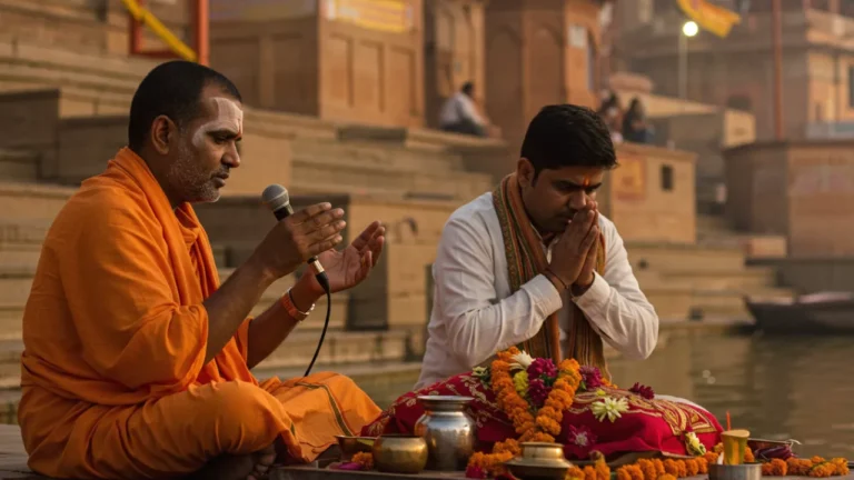 Two men performing a riverside ritual: Book Pind Daan Prayagraj from Malaysia