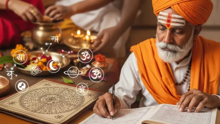 A Hindu priest with an astrological chart, puja offerings, and symbols, indicating a spiritual or astrological ceremony- Local Beliefs and Oral Histories Around Asthi Visarjan