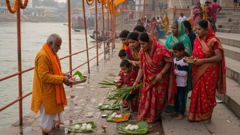 People in traditional attire offering food on leaves at a riverbank ritual- Challenges Faced During Asthi Visarjan Varanasi. Pitrupaksha Rituals