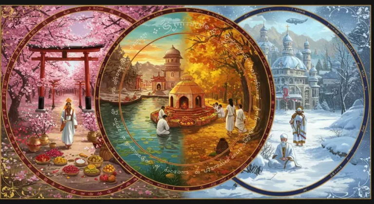 Three scenes: Japanese spring, Indian autumn ritual, and snowy church setting, all depicting spiritual themesImpact of Pilgrimage Seasons on Rituals