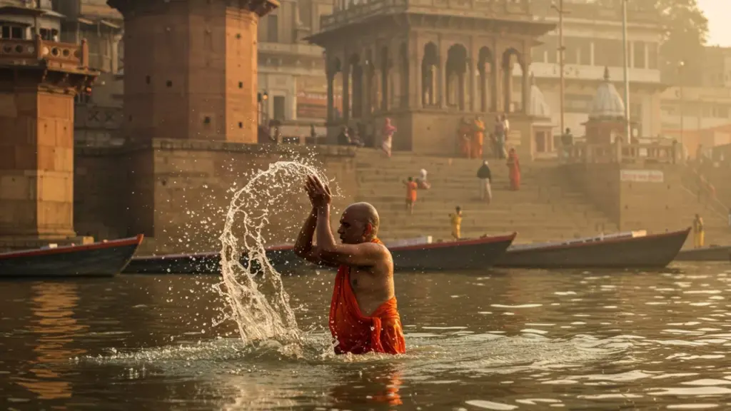 A holy man performs the 'Tarpan' ritual, offering sacred water to his ancestors at the ghats- Asthi Visarjan Package cost from Malaysia