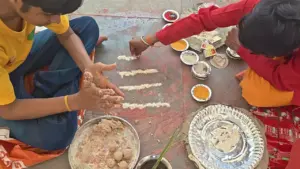 Image of People prepare for the Shradh ceremony, making pindas and arranging sacred powders for their ancestors- Pind Daan in Varanasi from Malaysia