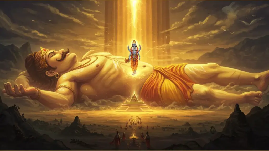 This artwork depicts the legend of Lord Vishnu sanctifying the demon Gayasura, making Gaya the holiest site- Pind Daan in Gaya from Malaysia