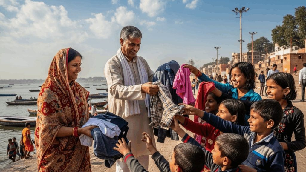 mid age man and woman donate clothes near the triveni sangam ghats- Magh Mela Daan Benefits