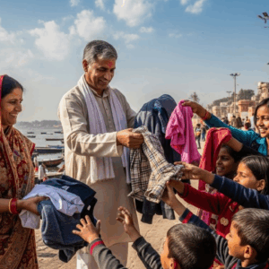 mid age man and woman donate clothes near the triveni sangam ghats- Magh Mela Daan Benefits