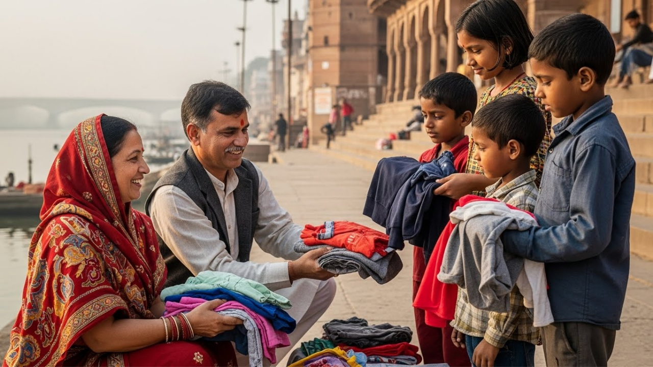 Image of Man and woman donate clothes-Shayana Daan at Magh Mela 2026